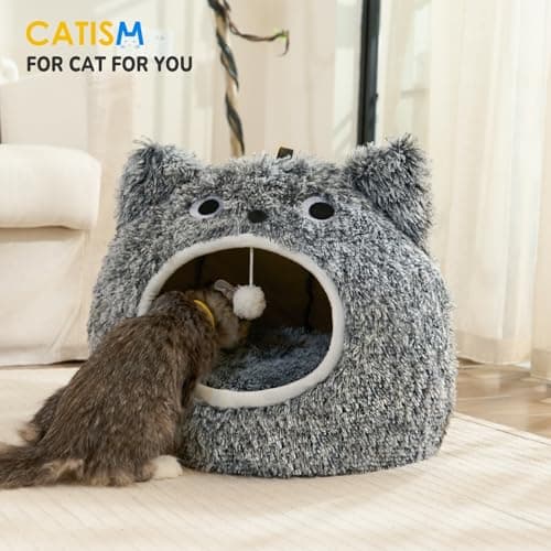 CATISM Cat Bed, Cat Beds for Indoor Cats - Kitten Bed Cave Washable, Soft Plush Hooded, Removable Pillow, Non-Slip Base, Large Cave for Kitty - Thumbnail 4