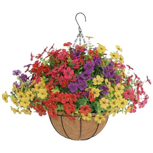 Senjie 12 Bundles Artificial Hanging Flowers with Basket for Outdoor Decor, UV Resistant Faux Flowers Fake Hanging Planter for Porch Patio Balcony - Image 1