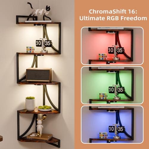 HAAYOT Corner Shelf Wall Mounted with Lights, 5-Tier Floating Metal Shelves for Living Room, Bedroom, Rustic Brown - Thumbnail 3