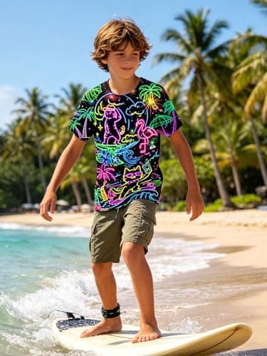 Funnycokid Youth Boys Shirts Size 14 16 Girls T-Shirts Neon Cat Hawaii Digital Print Clothes Tops Tees Graphic Short Sleeve Birthday Cool 15-16 Years - Thumbnail 4