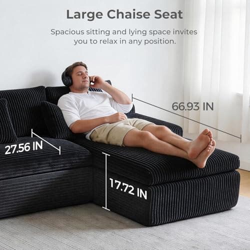 HipyMo 105” Modular Sectional Sofa, Cloud Sectional Couch with Deep Seat, Modular L-Shape Sofa Couch with Chaise, Boneless Couches for Living Room Bedroom (Black, Right Facing Chaise) - Thumbnail 6