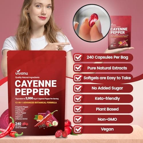 VivoNu Cayenne Pepper Softgels Supplement, Supports Leg Vein, Heart and Blood Vessel Health, with Vitamin E D3+K2 and Extracts of Grape Seed, Hawthorn, Beetroot, Berberine (Softgel / 1 Bag) - Thumbnail 6