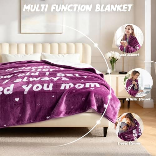 Gifts for Mom - Mom Gifts for Mother's Day Birthday Christmas - Love Mom's Blanket Soft Flannel Throw Blanket 60x50'' (Plum Purple) - Thumbnail 5