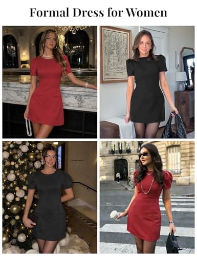 POTILI Women's Puff Sleeve Mini Dress, Crew Neck Bodycon Dress for Casual Party Cocktail Black - Thumbnail 6