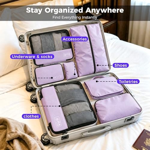 8-Piece Compression Packing Cubes for Travel, Elegant Ultralight Luggage Organizer Set for Women, Space Saving for Carry-On, Suitcase & Vacation Cruise Travel - Purple - Thumbnail 6