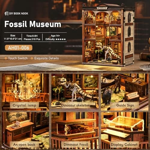 Havefunfun Dinosaur Museum Book Nook Kit - 3D Wooden Puzzle & DIY Miniature Dollhouse with LED Warm Light | Vintage Bookshelf Insert & Sturdy Bookends | Premium Creative Gift for Adults& Book Lovers - Thumbnail 6