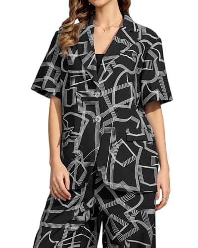 Women's Casual Short Sleeve Black Summer North Collar Lapel V Neck Button Down Up Graphic Abstract Geometric Line Print Blazer Coat Regular Fit Business Work Vocation Office Outwear Jacket - Image 1