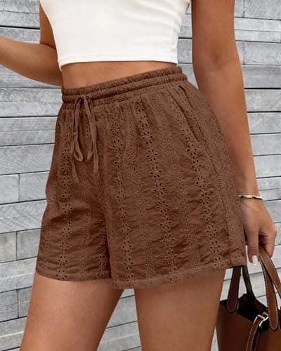 KIRUNDO Lace Shorts for Women Summer Cute Boho Eyelet Elastic Waist Drawstring Casual Lounge Shorts Beach Vacation Outfits(Brown, X-Large) - Thumbnail 4