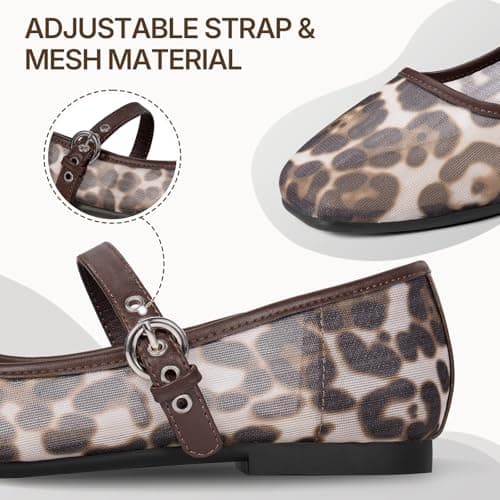 ATHMILE Women's Leopard Mesh Flats for Women Mary Janes Shoes Women Square Toe Ballet Flats with Adjustable Strap, Slip-On Comfortable Casual Dress Shoes for Office, Date Night and Daily Wear Size 9 - Thumbnail 4