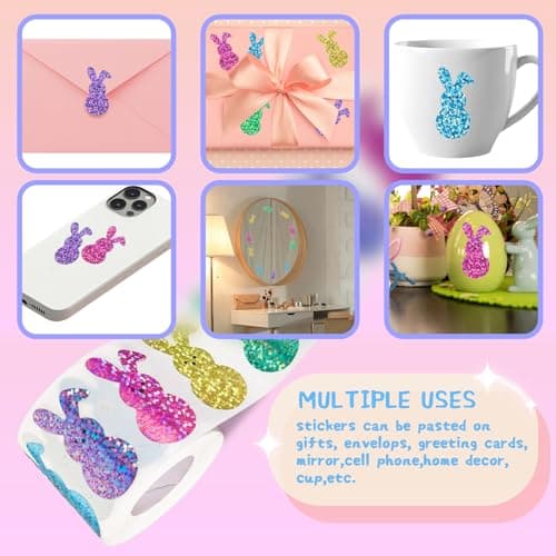 Oeyliz Easter Bunny Stickers Roll Easter Glitter Bunny Stickers Sparkly Colorful Rabbit Pattern Decals Easter Rabbit Adhesive Decal for Envelope Cards Gift Decor Holiday DIY Craft 500 PCS - Thumbnail 2