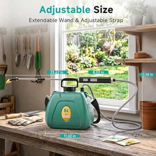 Battery Powered Garden Sprayer 2 Gallon, 7.4V High Pressure Rechargeable Weed Sprayer with 3 Pressure Mode, 5 Spray Nozzles, Telescopic Wand, Battery Indicator, Adjustable Strap for Lawn Garden, Green - Thumbnail 5