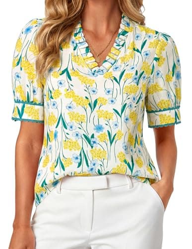 GRACE KARIN Women Boho Floral Tops, Summer Puff Short Sleeve Dressy Casual Shirts, 2026 Spring V Neck Vacation Work Blouse Yellow Floral L - Image 1