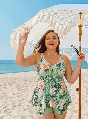 Hanna Nikole Plus Size Tankini Womens Tankini Bathing Suits High Waisted Tankini Swimsuits for Women Plus Size Orange Flowers 24 Plus - Thumbnail 2