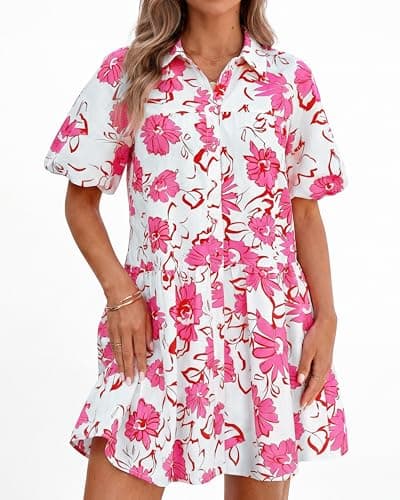 PRETTYGARDEN Womens Summer Dresses 2026 Casual Puff Sleeve Button Down Mini Shirt Dress Boho Floral Babydoll Sun Dress(Pink,Medium) - Thumbnail 5