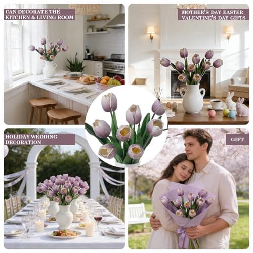 LILUYTO Lavender Mist Fake Tulips,18.5" PU Artificial Tulips Flowers for Spring Easter Home Kitchen Wedding Bouquet Bulk Mother's Gift Day Decorations - Thumbnail 6