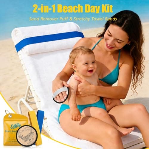 Exqusdy 2 in 1 Sand Remover for Beach + Elastic Towel Bands for Cruise Chair – Powder Puff with Talc-Free Formula, Windproof Holder for Pool & Vacation Must Haves, Toddler Friendly - Thumbnail 2
