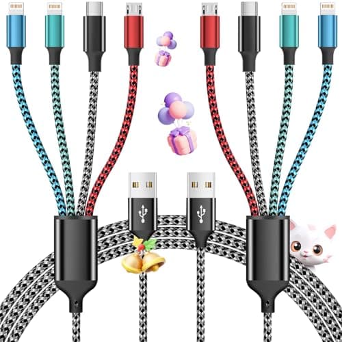 Firsting Multi Charging Cable,4 in 1 Charging Cables for Multiple Devices Nylon Braided Universal Charger Phone Charger Cord with 2 IP/USB-C/Micro USB Port for Cellphone/Tablets/More(2Pack 5FT) - Image 1