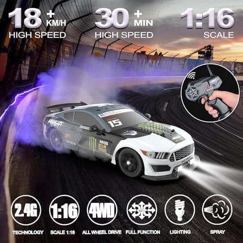 Remote Control Car RC Drift Car 1:16 Scale 4WD 18KM/H High Speed Model Vehicle 2.4GHz with LED Lights Spray Rubber Tire Racing Sport Toy for Adults Boys Girls Kids Gift 2Pcs Rechargeable Batteries - Thumbnail 2