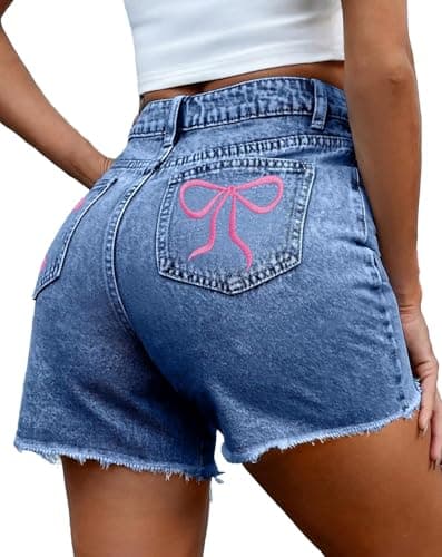 Pink Queen Women's High Waisted Denim Shorts 2026 Casual Star/Bow Frayed Hem Summer Hot Short Jeans with Pockets Blue L