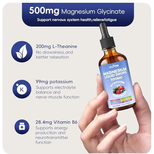 Magnesium Glycinate Liquid Drops, Magnesium Complex with Malate Taurate Citrate Complex & Vitamin D3, B6, K2 L-Theanine, Plant Blend for Sleep, Bone, Muscle, Nerve Non-GMO (500mg-Berry Flavor) - Thumbnail 3