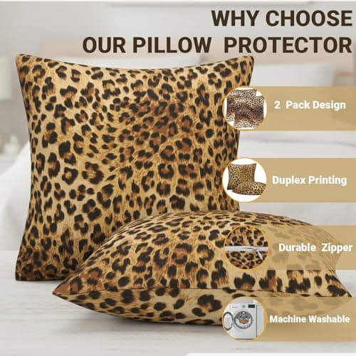 Cheetah Print Pillow Covers Room Decor 18x18 Inch, Leopard Print Decorative Throw Pillow Covers for Home Couch Sofa Bedroom Livingroom Dorm, Set of 2 African Wild Animal Theme - Thumbnail 4