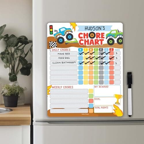 Hadley Designs Magnetic Chore Chart for Kids – Reward Chart for Kids, Dry Erase Responsibility Board for Children at Home, Behavior Tracker for Daily Weekly Tasks, Monster Truck Toddler Chore Board - Image 1