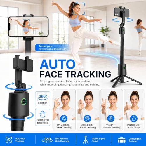 70" Auto Face Tracking Phone Holder, 360° Rotation Phone Tripod with Wireless Remote and Phone Holder, Selfie Stick Tripod for iPhone、Android Phone, Applied to YouTube, Vlog/TIK Tok - Thumbnail 2