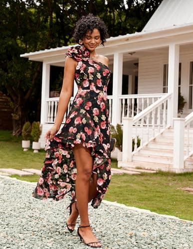 GRACE KARIN Womens Floral One Shoulder Wedding Guest Dresses Sleeveless Flowy Ruffle Sexy Long Sundresses Black 6 - Thumbnail 5