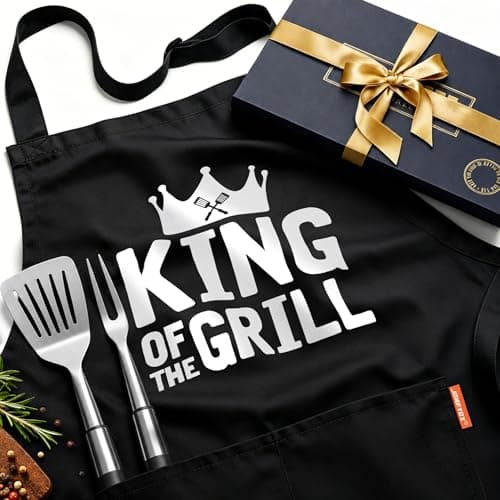Kitchen Apron Gift for Men, BBQ Grilling Apron with 2 Pockets, Funny Birthday Christmas for Father Dda Husband Boyfriend, Water & Oil Resistant Protective Fabric, Adjustable Professional Chef Apron - Image 1