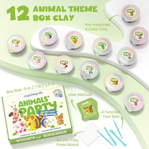 JUPITEARTH Air Dry Clay for Kids,12 Animals Theme Party Modeling Clay Set - Thumbnail 2