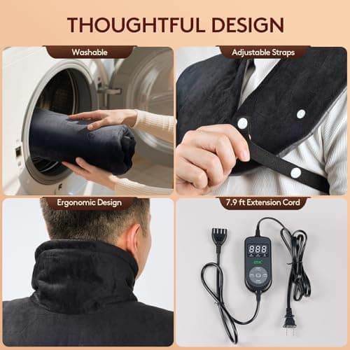 Far Infrared Heating Pad for Neck and Shoulders and Back - 6X Deeper Pain Relief, Graphene 30s Fast Heat, 8 Heat Setting, 16 Timer, Automatic Memory, Weighted Heating Pads Gift for Women&Men (Black) - Thumbnail 5