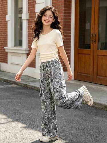 AMAWMW Girls Clothes Summer Outfits Short Sleeve Ruched T-Shirt Tops and Camo Cargo Pants 2Pcs Teen Clothing White 15-16Y - Thumbnail 2