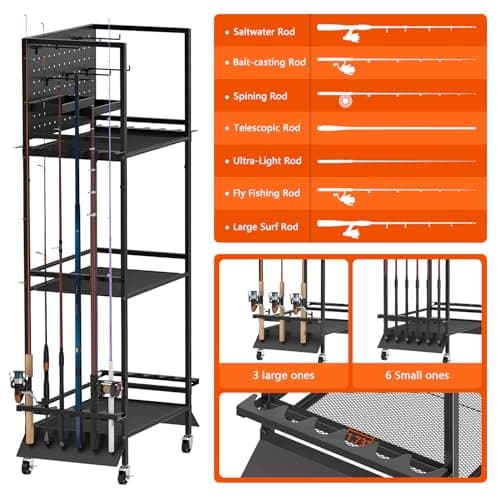 GloCryp 3-Shelf Fishing Pole Holders for Garage, Fishing Rod Holder Up to 12 Rods，Rolling Fishing Storage Cart for Tackle Box & Accessories, Fishing Gifts for Men - Thumbnail 4