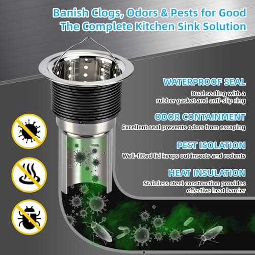 Kitchen Sink Drain Assembly, Stainless Steel Removable Deep Sink Strainer Basket, 3-1/2 Inch Sink Drain Stopper Plug, Sealing Lid - Thumbnail 6