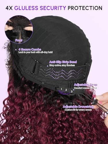 shangyinfa T1B/99J Water Wave Half Wig Human Hair | Drawstring Flip Over 3-In-1 Wig | Secure Fit with 4C Edges | Beginner Friendly | Slay 3B/3C Curls At The Gym | No Slip, No Glue | 22 Inch - Thumbnail 4