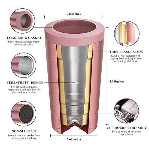 4 in 1 Insulated Slim Can Cooler for 12 OZ Cans and Beer Bottle - Keep 8 Hours Cold, Easy to Hold - Stainless Steel Can Holder, Double Walled Can Insulator for Hard Seltzer and More (Rose Gold) - Thumbnail 5