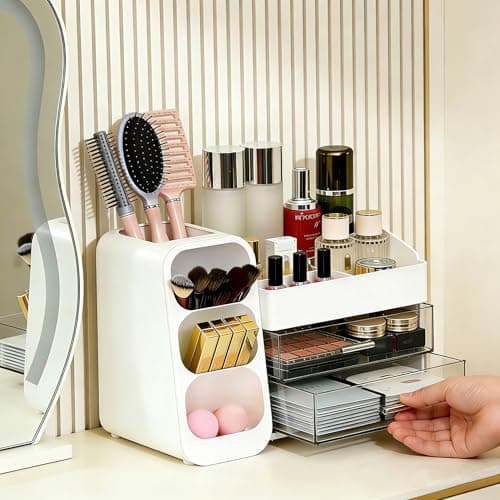 Makeup Organizer Countertop, Spacious Cosmetic Display Case with Makeup Brush Holder, Perfect Vanity Bathroom Organizer and Storage, White - Thumbnail 5