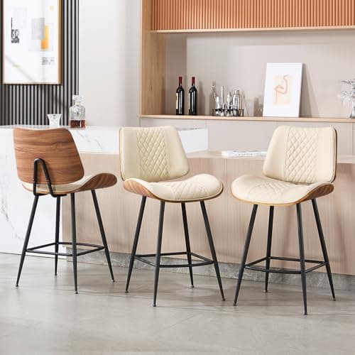 BERYTH Counter Height Barstools Set of 3, 26.9" Armless Stools with Metal Legs, Walnut Pub Chair in Modern Style, PU Leather Bentwood Bar Chair for Home Counter, Kitchen Dining Island, Cafe(Beige)