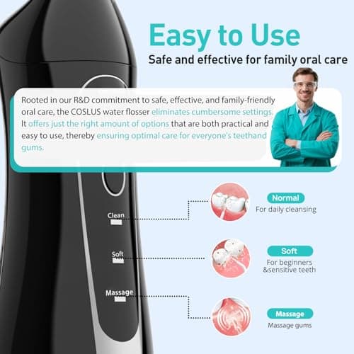 COSLUS Water Dental Flosser Teeth Pick C20: ADA Accepted, Portable Cordless Oral Irrigator 300ML Rechargeable Travel Irrigation Cleaner IPX7 Waterproof Electric Flossing Machine for Teeth, Black - Thumbnail 4