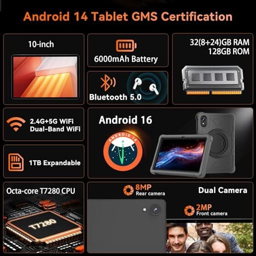 Tablet 10 Inch Android 16 Tablet, 32GB RAM 128GB ROM, 1TB Expansion, T7280 Octa-Core, Large Capacity Battery, Dual Camera, 5G/2.4G WiFi, Bluetooth 5.0, GPS, Gemini AI, Drop-Proof Case (Black) - Thumbnail 2