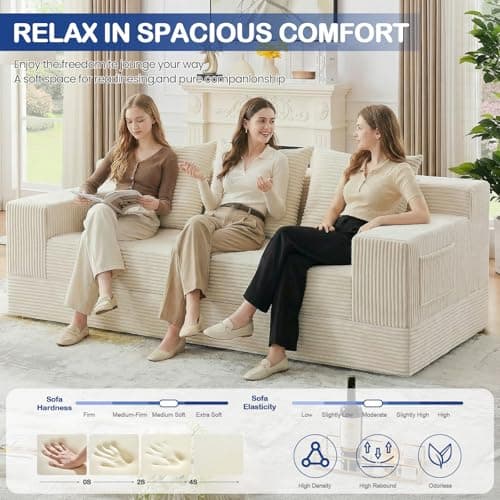 Winzoo 2 in 1 Convertible Boneless Couch Bed, Corduroy futon Sofa Bed, Compression Folding Floor Couch Sofas Bed with 3 Pillows for Bedroom, Small Space Guest and Living Room Sofa (Beige, 78 Inches) - Thumbnail 3