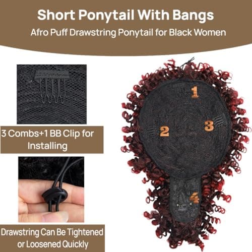 Servintha Afro Puff Drawstring Ponytail Extension for Black Women Kinky Curly Drawstring Ponytail with Bangs Natural Black Short Pony Tail Hair Extension Synthetic Fake Hair Pieces 1B Color - Thumbnail 4