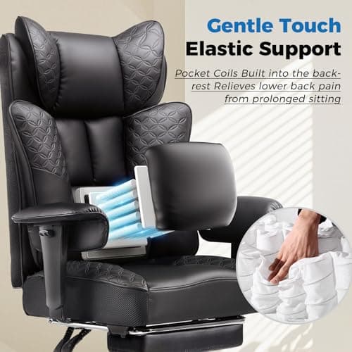GTPLAYER Big and Tall Office Chair Wide Ergonomic Gaming Chair with Deluxe Embossing Designed Leather with Foot Rest,150°Reclining Adjustable Soft Armrests Pocket Spring Back Support and Pillow - Thumbnail 5