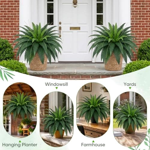 fawdge 35" Large Artificial Boston Fake Ferns Faux Outdoor Fern for Porch and Hanging, Realistic Silk Fake Ferns with Bendable Stems, No-Styling Needed, Decor for Home Garden (2-Pack) - Thumbnail 6