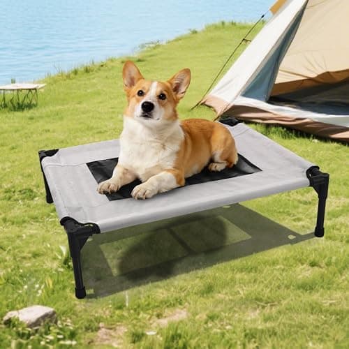 Elevated Dog Bed with Heavy-Duty Steel Frame, Breathable Mesh Cooling Surface, Easy to Clean, Portable Raised Dog Cot for Indoor & Outdoor Use,32x24x8 Inches Grey Dog Bed,Size S.