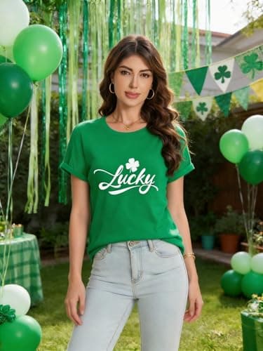 Women's St. Patrick's Day Shirt Irish Clover Funny Holiday Lucky Graphic Tee Tops (US, Alpha, Large, Regular, Regular, Green) - Thumbnail 3