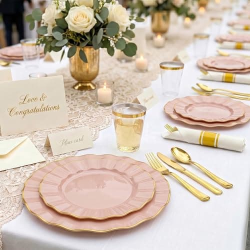 Glowserve Pre-Rolled Scalloped Pink Plastic Plates Dinnerware Set 175 PCS - Thumbnail 4