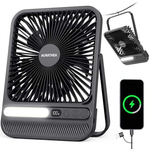 AURATHEA 10000mAh Travel Fan, 7“ Portable Desk Fan, Ultra-thin Rechargeable Camping Fan with LED Light, Display, Timer for Camping, Office, Bedroom, Outdoor, Cruise Ship Essentials