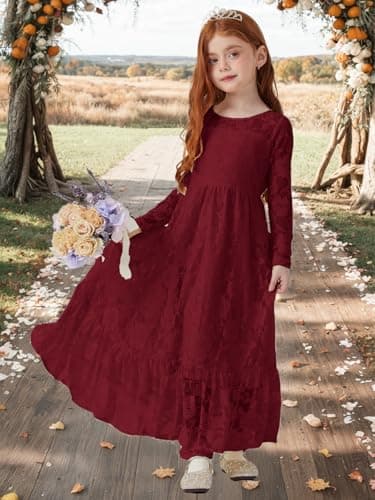 ALLOVIN Toddler & Girls Long Sleeve Lace Flower Girl Dress Maxi Boho A-Line Dress for Wedding Baptism 1st Communion | Burgundy | 6-7Y - Thumbnail 3