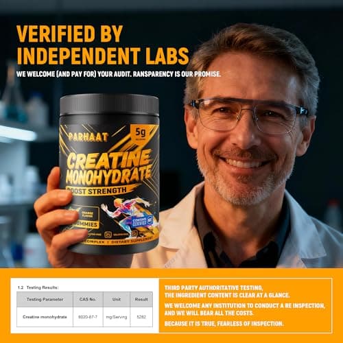 Parhaat NSF Certified Creatine Gummy - Creatine Monohydrate Gummies 5g for Men & Women - Boost Focus,Strength, and Endurance, Vegan, Gluten-Free, Non-GMO, 2.5 Gram Creatine per Gummy (Orange 90 ct) - Thumbnail 5